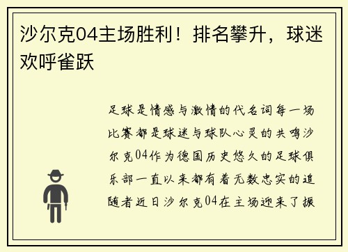 沙尔克04主场胜利！排名攀升，球迷欢呼雀跃